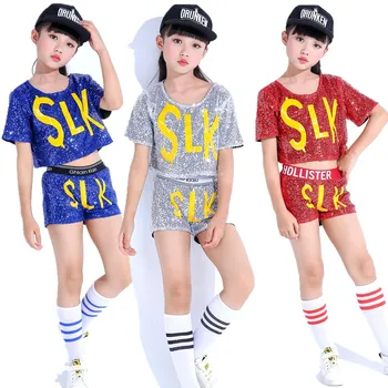 

Children Jazz Dance Costumes Sequins Hip Hop Modern Performance Clothing Boys And Girls Street Dance Cheerleading Suit Top+pants