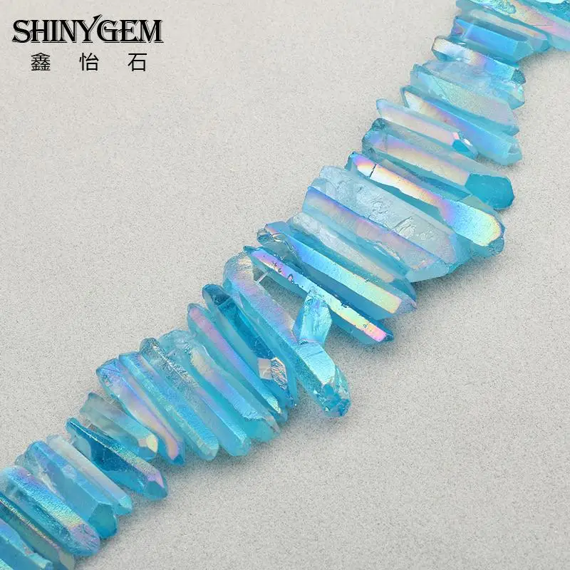 15.5Strand Light Blue AB Titanium Quartz Crystal Top Drilled Point Pendant BeadsRock Raw Crystal Pillar Beads Jewelry Fashion Jewelry