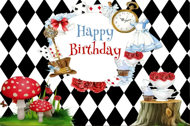 Laeacco Jamur Bayi Bahagia Kue Ulang Tahun Hadiah Bunga Hitam