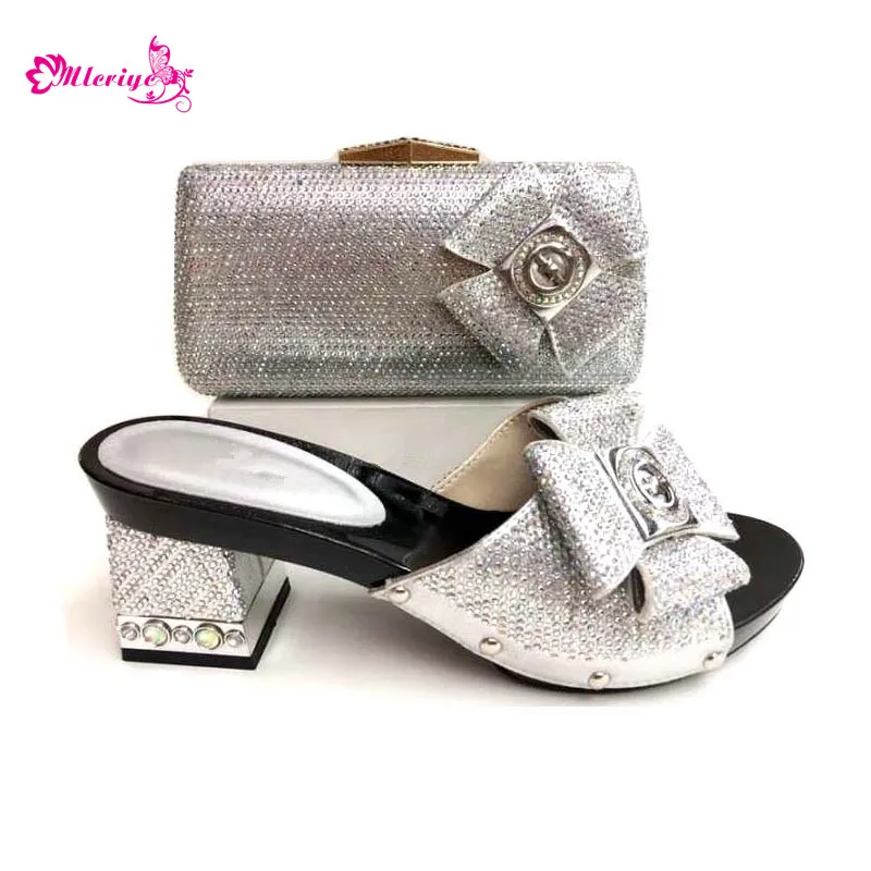 

0039 Silver Color Italian Shoes with Matching Bags African Women Italian Shoes and Bag Set Nigerian Women Wedding Shoes and Bag