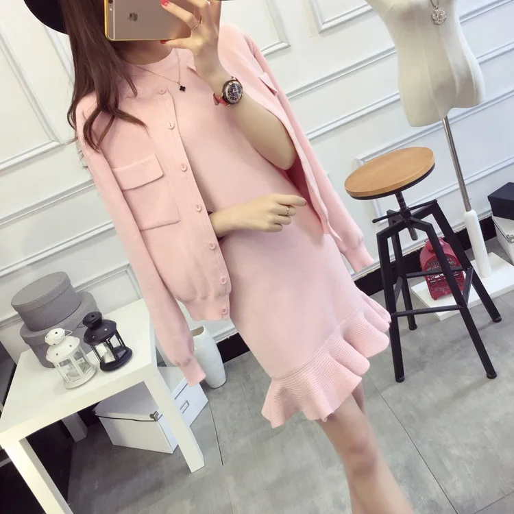 

New Knitted Two-Pieces Suit For Woman Autumn Solid Jacket + Mermaid Mini Dress Sets Women Ladies Elegant Party Knit Suits