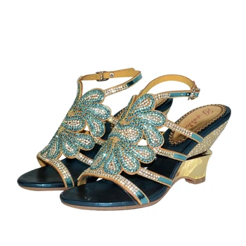 

2019 Summer New Blue Rhinestone Wedge Sandals Bohemian Style Hollow Wedge Diamond Sandals 8CM
