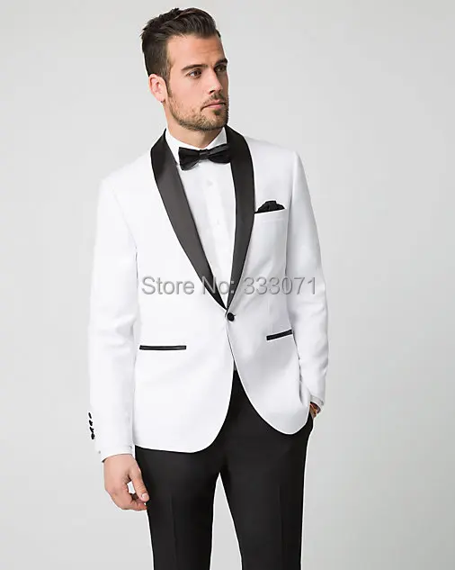 Индивидуальные Белый Жених Смокинги для женихов Черная шаль нагрудные Жених костюм Slim Fit Мужская Свадебная вечеринка Костюмы дружки Best человек наряд