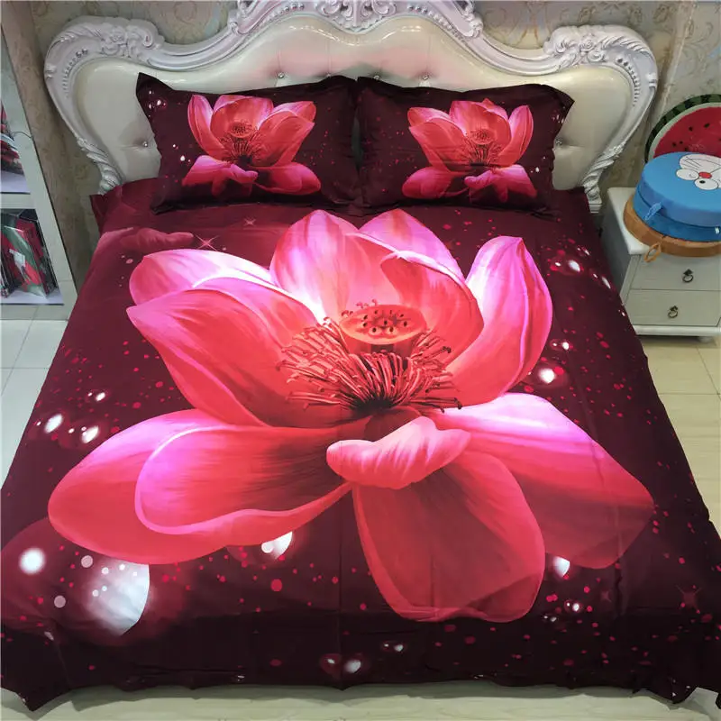 

3D Lotus Flowers Printed bedding sets Coverlets 100% cotton bed duvet cover Adults bedroom decor Full Queen King size Pink Color