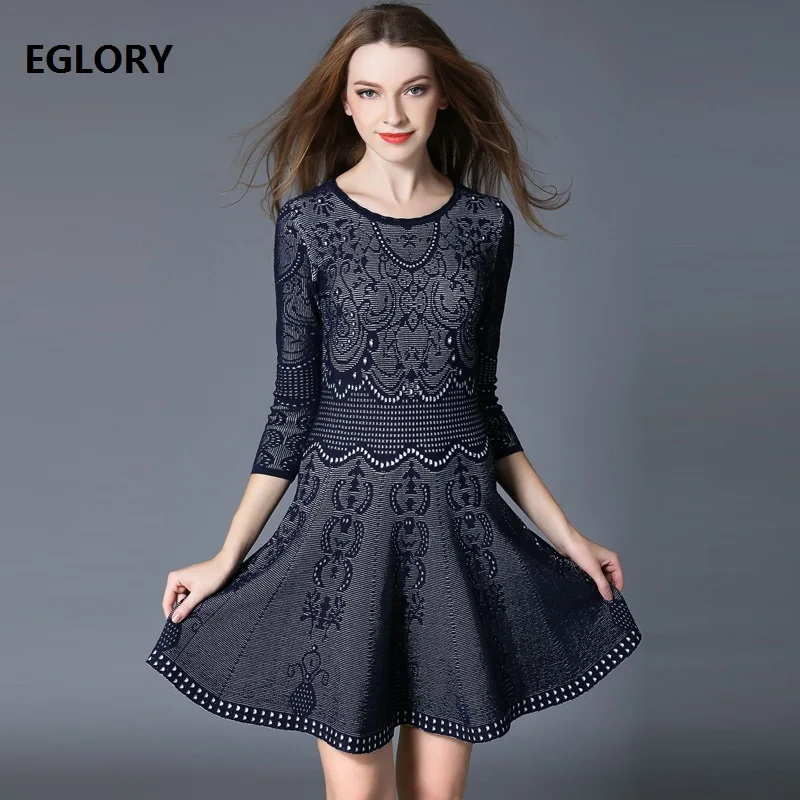 

Sweater Dress 2019 High Quality Women Spring Autumn Winter Woman Vintage Jacquard Print Slim Fit A-Line Knitted Dress Jumper