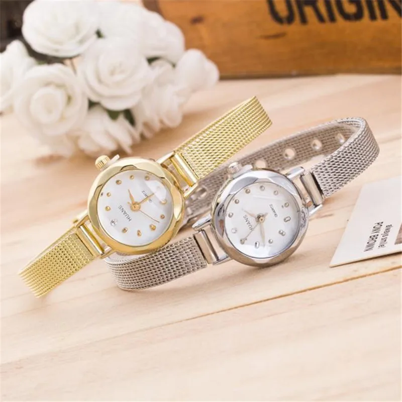 Quartz Watch Women Small Round Dial Stainless Steel Woven Mesh Band