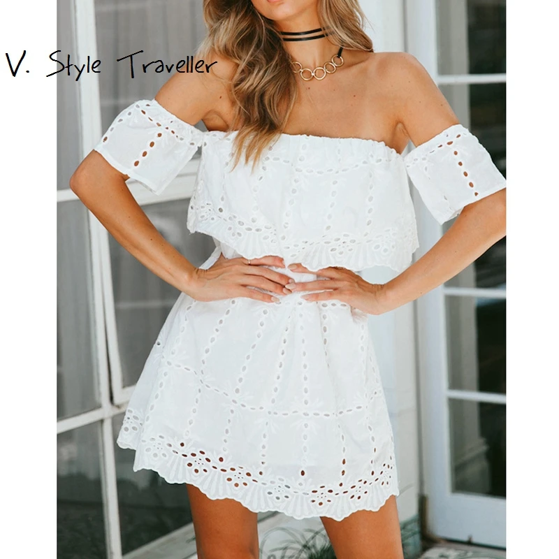 

Summer Style off Shoulder White Lace Dress Sexy Bodycon vestido de festa High Waist Fashion Empire Boho IG Casual Loose Dresses