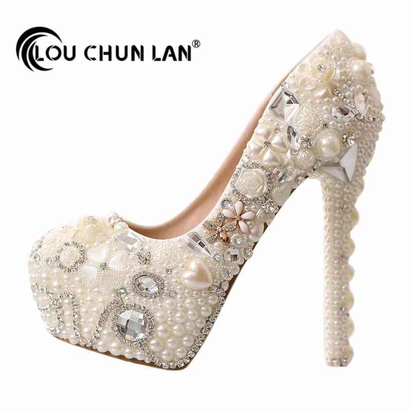 

Dress Shoes Love Pearl Rhinestone Wedding Shoes Platform Shoes Bride Shoes High-heels Women's Pumps 14cm Free Shipping