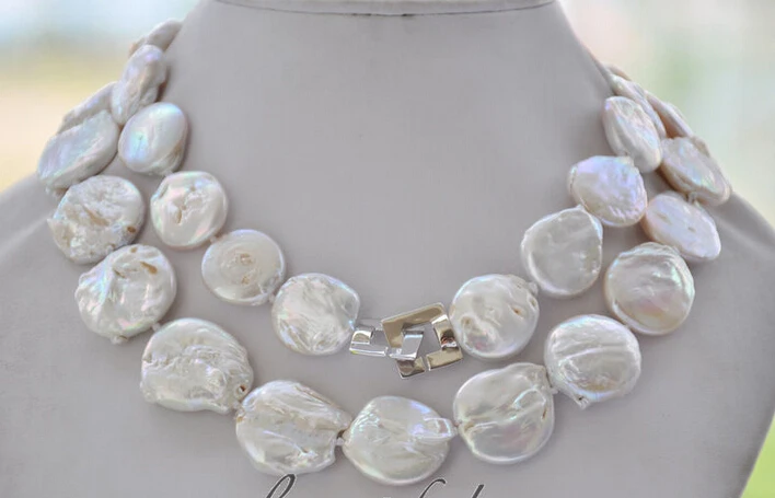 

FREE SHIPPING ****** z6678 REAL 24mm coin white freshwater pearl necklace 34inch 925silver (A0511)