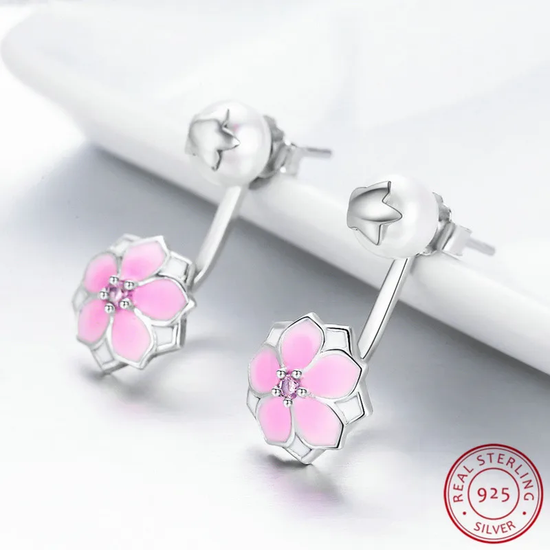 

100% Genuine 925 Sterling Silver Magnolia Bloo Pale Cerise Dangle Earrings for Women Brincos Fine Jewelry Bijoux Drop Earrings