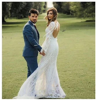

SOFUGE New White Mermaid Wedding Dress Side Split Appliqued Tulle Stare Sleeves Boho Wedding Gown Long Train Bride Dress