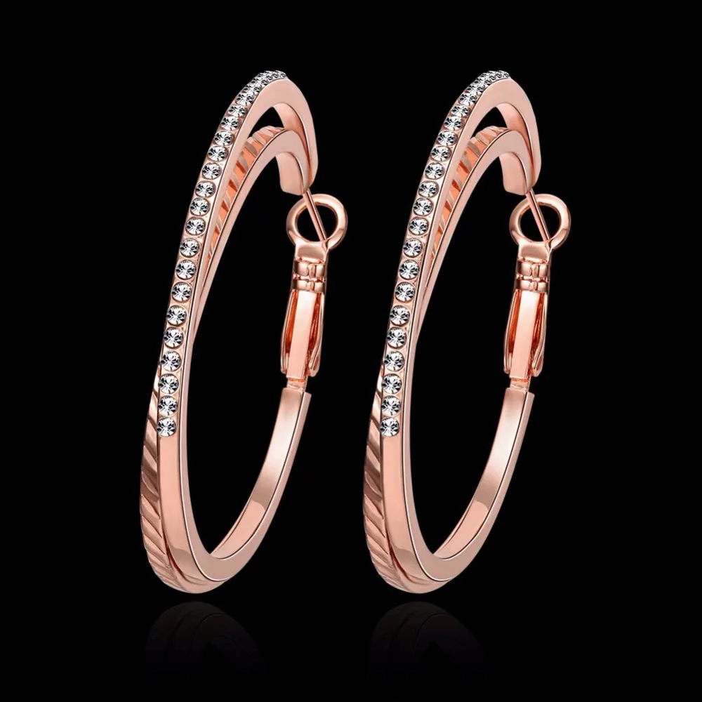 

2017 new arrival double circle crystal rose Gold color hoop earrings for women earing brincos de festa Costume Jewellery