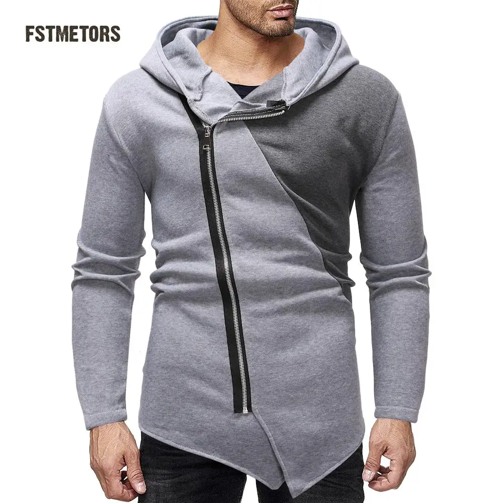 2018 new men's hoodie diagonal zipper design fashion casual stitching ...