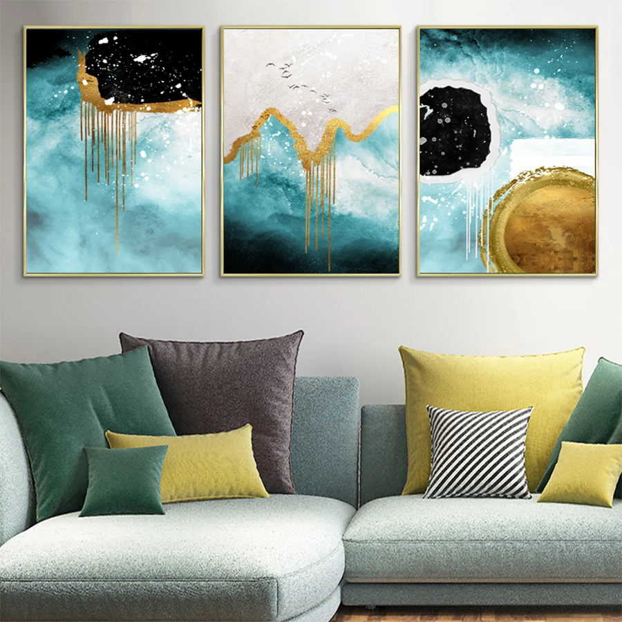 

Birds Canvas Print Paintings Light Luxury Wall Art Abstract Mountain Picture Watercolor Blue and Gold Color Poster Home Decor