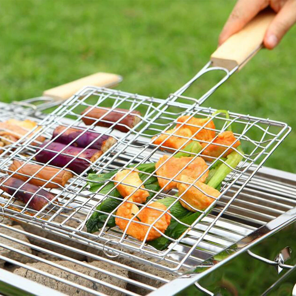 

2019 Stainless Steel Outdoor Grill Wooden Handle Square Grill Net Grilled Fish Sandwich / Barbecue Grill Tool 10230E