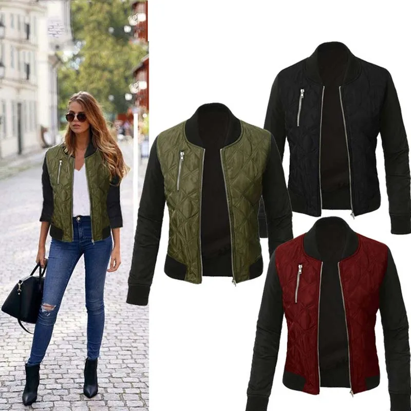 

New Fashion Female Casual Color Spliced Short Jacket Coat Long Sleeve Outwear Women Stand Collar Zipper Slim Basic Jacket YF57