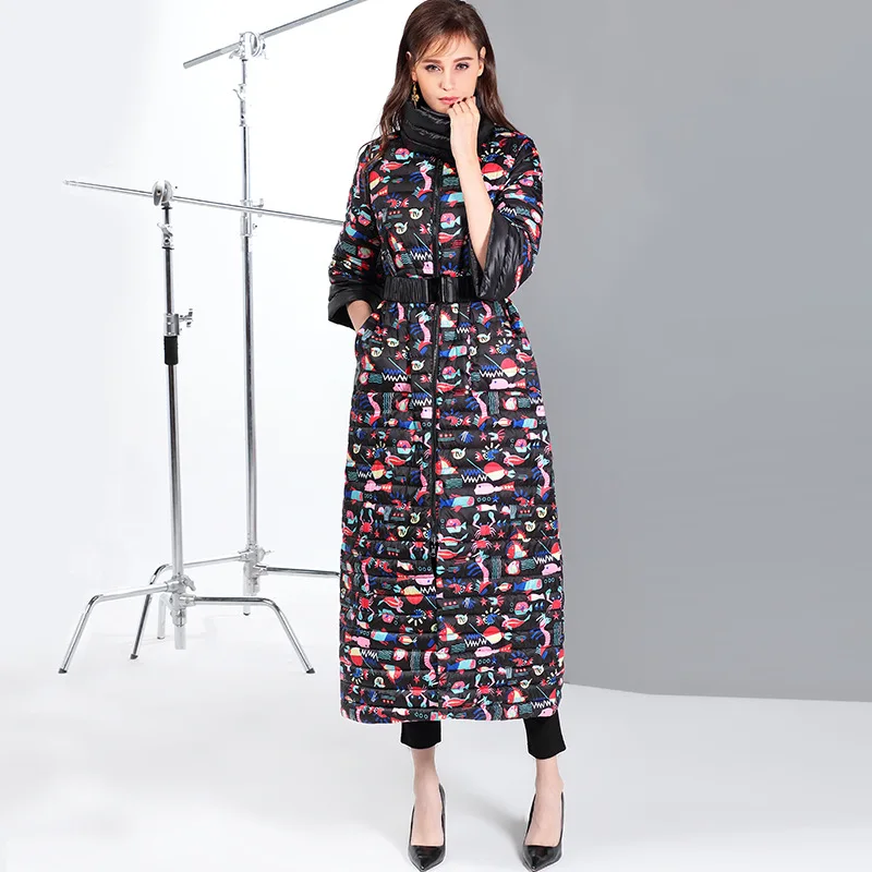 

European sleeve printing two-sided wear to keep warm in winter new long over-the-knee down jacket coat women wholesale