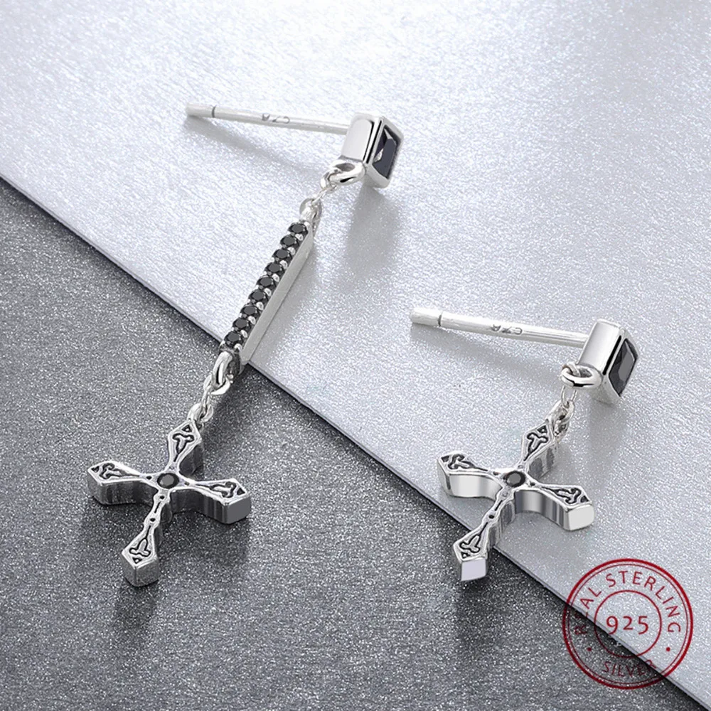 

Womens 100% Genuine 925 Sterling Silver Fashion Black Cross Dangle Earrings Trendy Female Drop Earrings Jewelry for Wedding