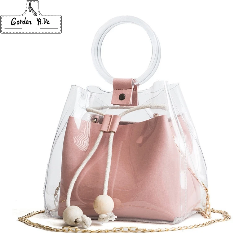 

Summer Clear Beach Bag for Women 2019 Fashion Plastic Handbags Chain Jelly Silicone Round Handle Drawstring Transparent Tote bag