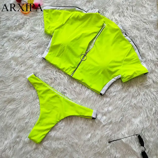 ARXIPA Crop top Bikini Zip Crop Top Zipper Swimsuit High Collar ...