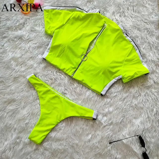 ARXIPA Crop top Bikini Zip Crop Top Zipper Swimsuit High Collar Swimwear Short Sleeve Thong High