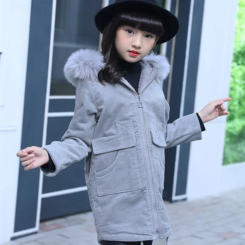 

Winter Girl Jacket Faux Fox Fur Hoodie Detachable Corduroy Female Outerwear Cotton Fur Girls Thicken Warm Clothes Hoodie Coat