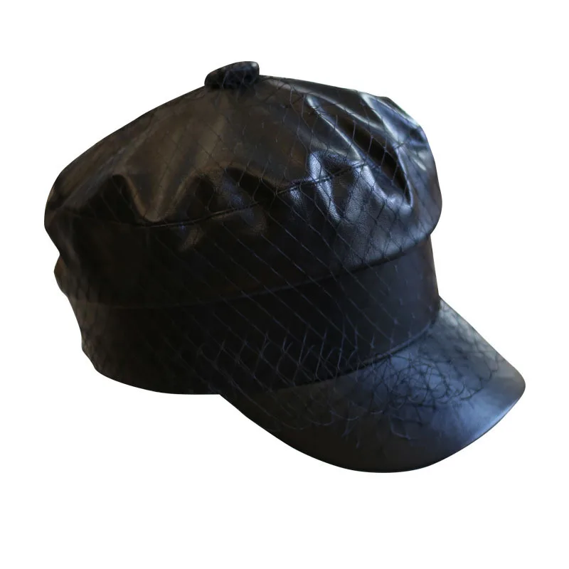 [EWQ] Новая Осенняя сетчатая темно-синяя кепка из искусственной кожи с плоской подошвой, военная однотонная бейсболка, модная Рыбацкая шляпа для женщин QK43701