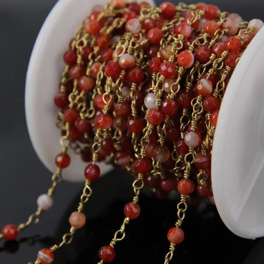 5Meter Red Ag ate Faceted beads Wire Wrapped Chain,Carnelian cut Round