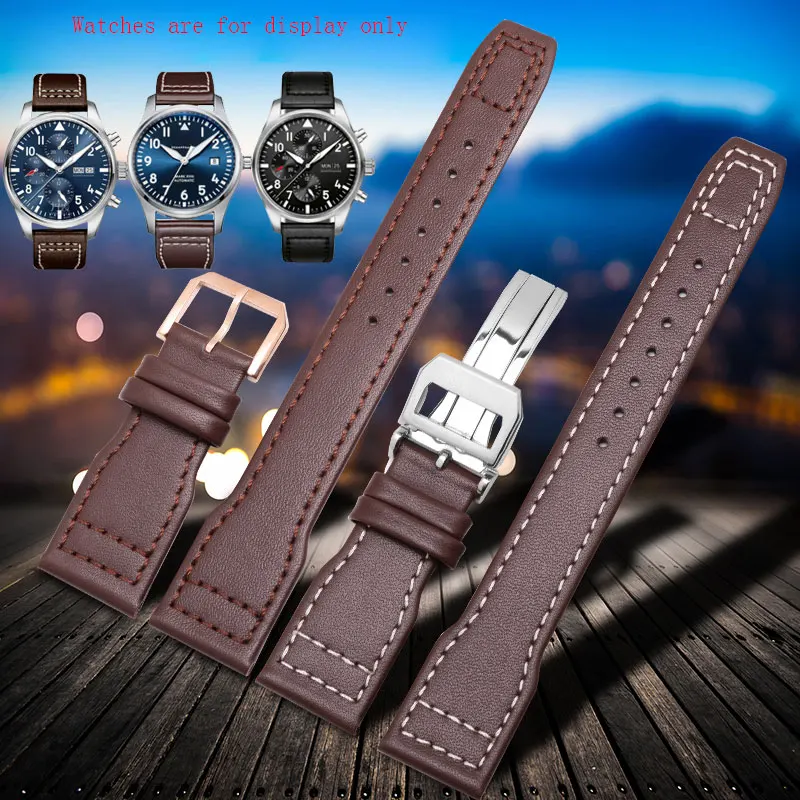 

TKN Watchband 22mm Genuine leather strap Long and short style black brown male belt deployment buckle replacement for IWC