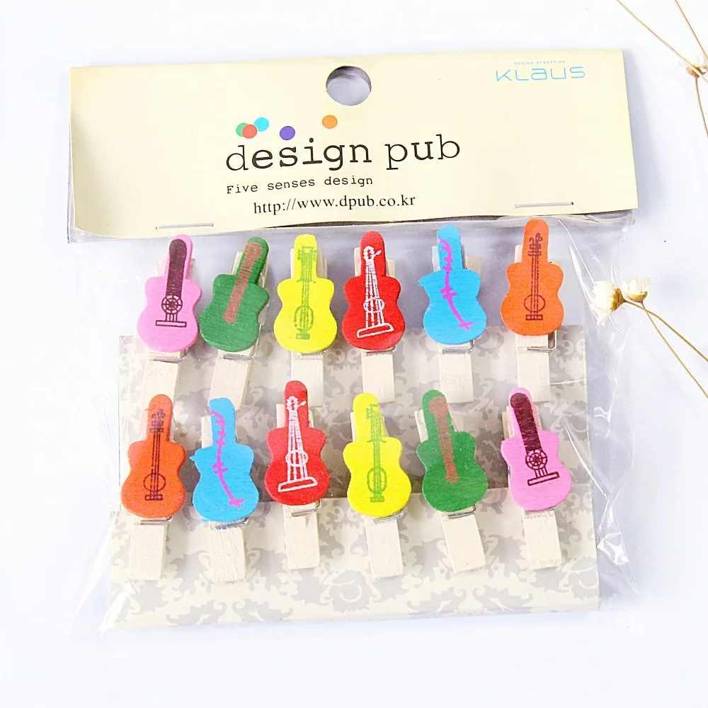 

12 pcs/lot Creative Guitar Series Wooden Clip Photo paper Clothespin Craft Clips Party Decoration Clip with Hemp Rope