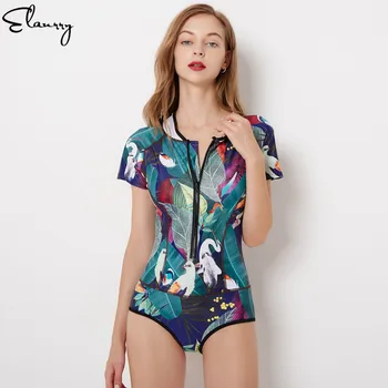 

2019 One Piece Sport Swimsuits Short Sleeves Vintage Print Swimwear Padded Zipper Newest S-2XL Bathing Suits Beach Wear Femme