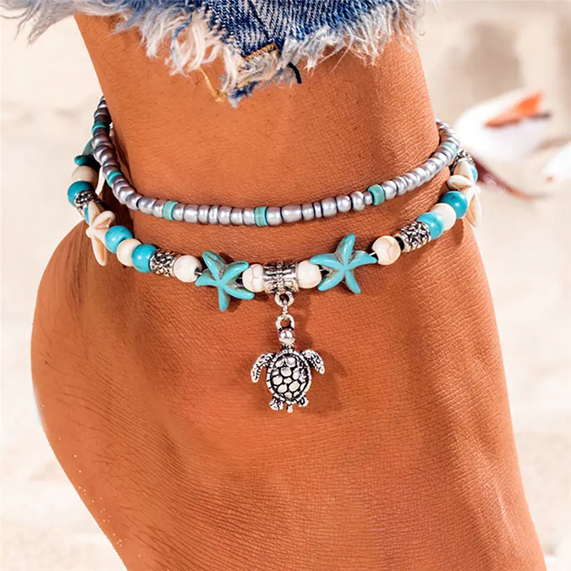 Bohemian Multi Layer Starfish Turtle Beads Anklets For Women Vintage Boho Shell Chain Anklet Bracelet Beach Jewelry Sandals Gift Bohemian Multi Layer Starfish Turtle Beads Anklets For Women Vintage Boho Shell Chain Anklet Bracelet Beach Jewelry Sandals Gift