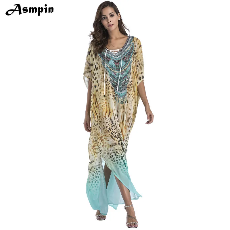 2018 Summer Sun Dress Beach Plus Size Chiffon Fashion Print Bohemian Long Maxi Boho Clothing V-neck Large Robes Women | Женская одежда