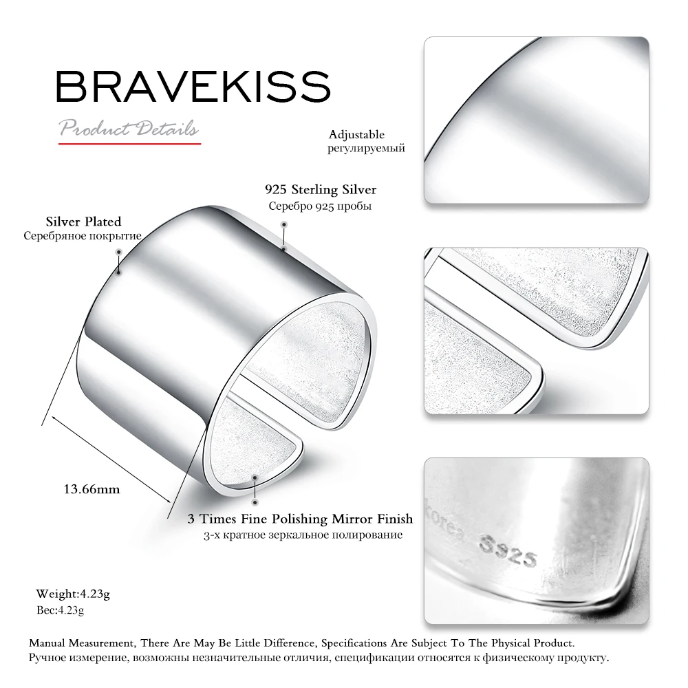 BEAVEKISS Big Classic 925 Sterling Silver Adjustable Wide Ring Finger Unisex Women Sample Open Ring Band Bijoux Jewelry BLR0329