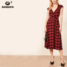 ROHOPO Black & Red Plaid Midi Dress Gathered Butterfly Short Sleeve Chic Female Slim High Waist Elegant Dress #YY046H