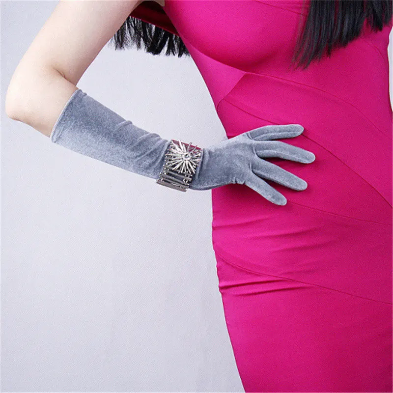 Женские бархатные перчатки 60 см супер длинные красные выше локтя супер длинные высокие эластичные бархатные золотые бархатные с сенсорным экраном SRHS60 - Цвет: Silver grey 40CM