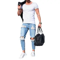 2018 Для мужчин хип-хоп джинсы летние рваные обтягивающие джинсы потертые Slim Fit прямые джинсовые узкие брюки Регулярный Мода Большой размер