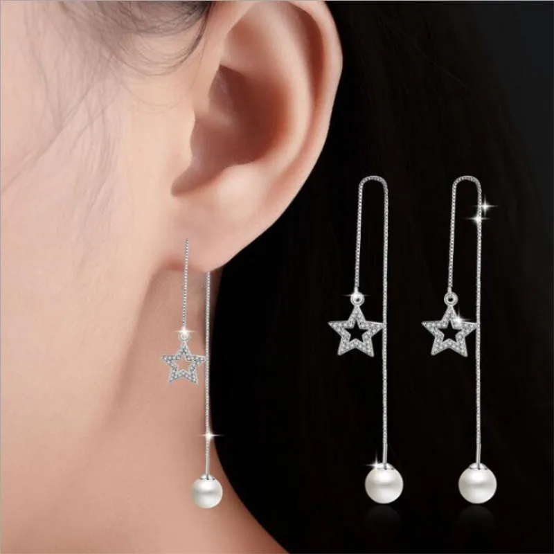 

Korean Simple Pearl Long Tassel Temperament 925 Sterling Silver Jewelry Five-pointed Star Elegant Dangle Earrings SE384