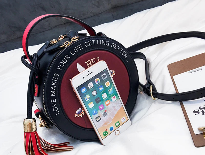 Women Fashion Handbag Female Leather Roll Circular Bag Famous Tassel Crossbody Shoulder Bags Flower Cute Tote Sac A Main SS7303 (16)
