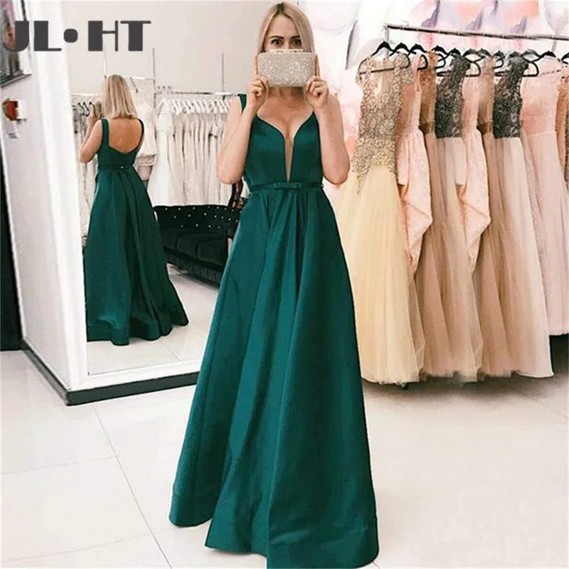 

Simple Green Evening Dresses Long A-Line Sleeveless Prom Dress Bow Open Back Satin Evening Dress Custom Made For Woman