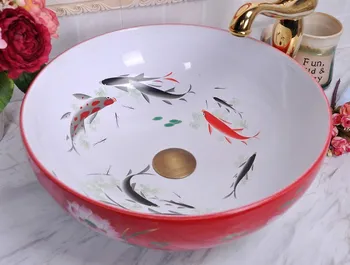 

China Painting Fish Ceramic Painting Art Lavabo Bathroom Vessel Sinks Round counter top pottery sink