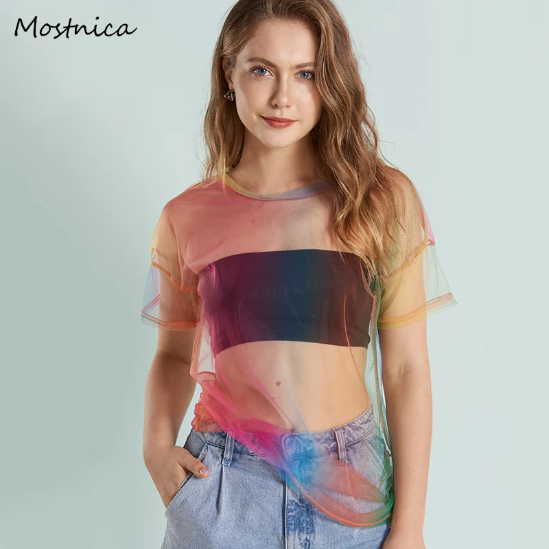 

Mostnica Hollow Out T Shirt Women Sexy Transparent Summer Short Sleeves Gradient Long See-through Mesh Transparent Long Tops