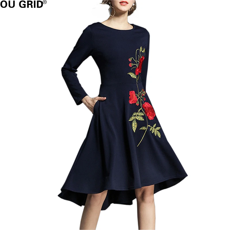 

Dark blue Party Dress Women Flower Embroidery Long Sleeve Big swing Slim Elegant Casual Dresses