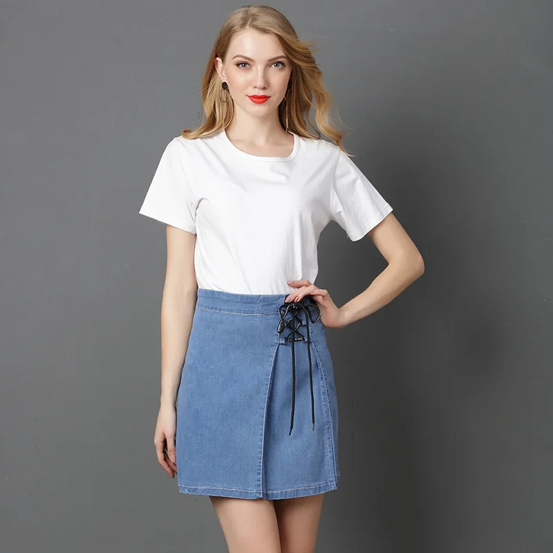 

2018 Spring New High Waist Cowboy A-line Women Skirt Brief Bow Bandage Short Mini Skirt Female Summer Denim Skirts