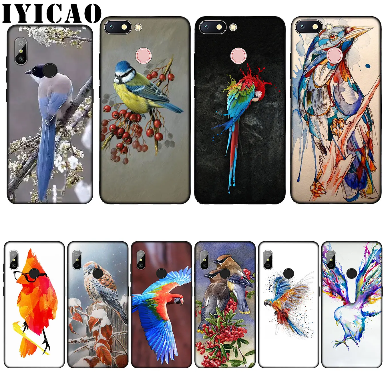 

IYICAO Birds on the Tree Flying Coque Shell Silicone Soft Case for Xiaomi Redmi 6A 5A Note 8 7 4 4X 5 Plus 6 Pro Black TPU Cover