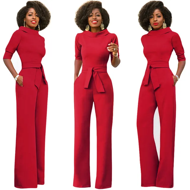 Elegant Office Work Wear Business Formal Jumpsuits 2018 Women Half Sleeve Pockets Wide Leg Pants