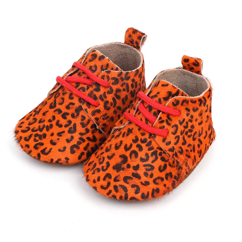 Детская обувь с леопардовым принтом из натуральной кожи для маленьких девочек; мягкая обувь из конского волоса для мальчиков; обувь для первых шагов; кружевные детские мокасины - Цвет: 4