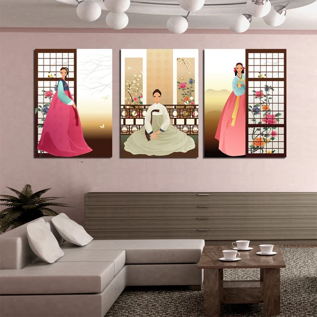 Modern Home Art Decor Abstract Cartoon Figure Paintings 3 Panel Modern Home Art Decor Abstract Cartoon Figure Paintings 3 Panel Korean Women Nation Dress Canvas Prints For Wall Decorations New