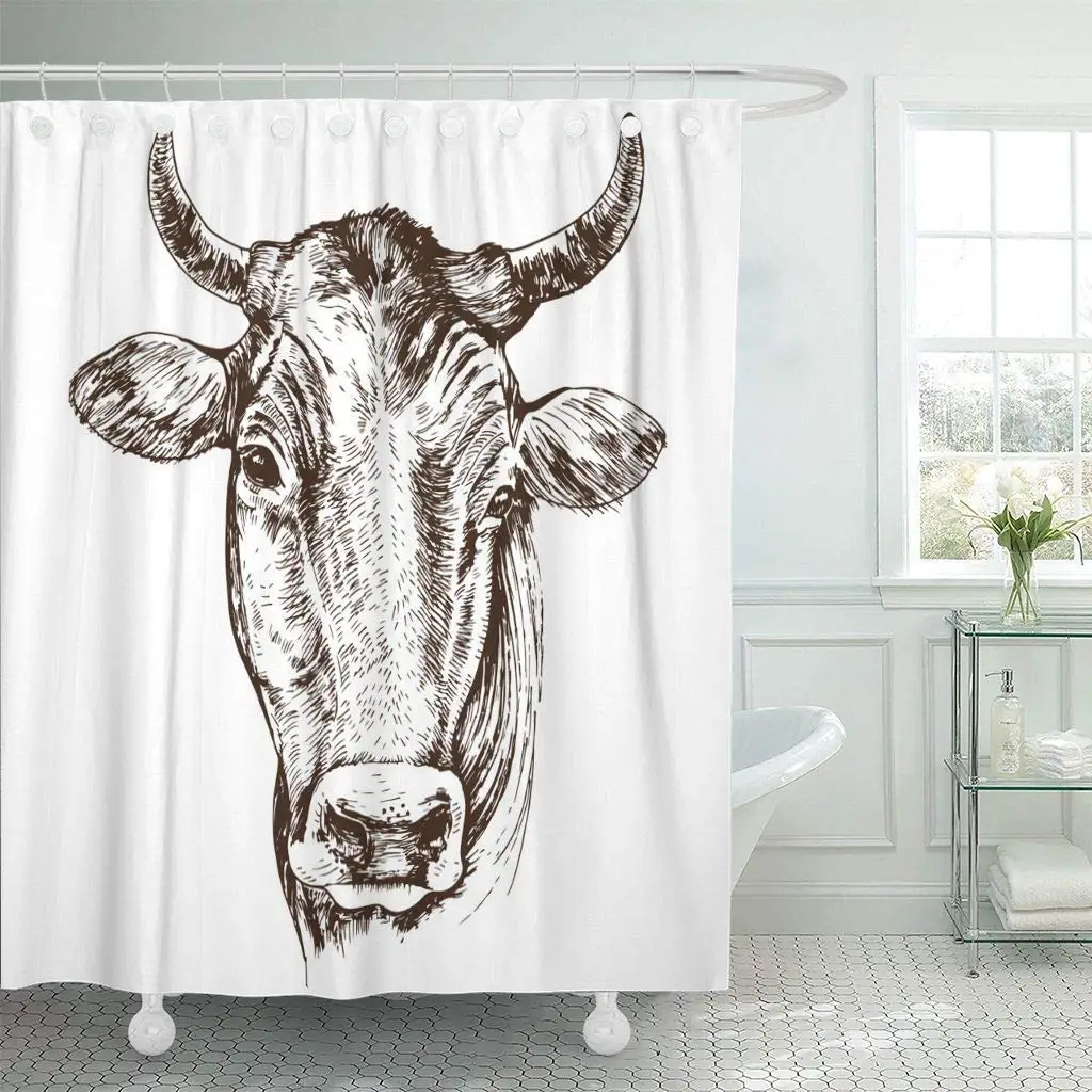 Home Bathroom Set Waterproof Fabric Shower Curtain Hooks Watercolor Cow Farm