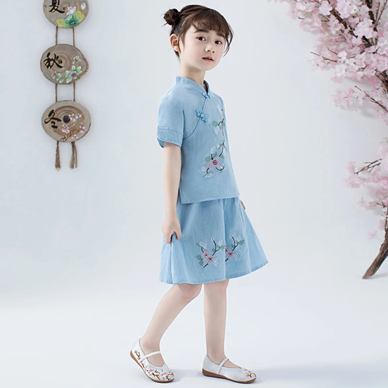 Lovely Girls Cheong-sam 2PC Chinese Traditional Style Han Fu Baby Retro Dress Children Summer Casual Cotton Linen Dresses